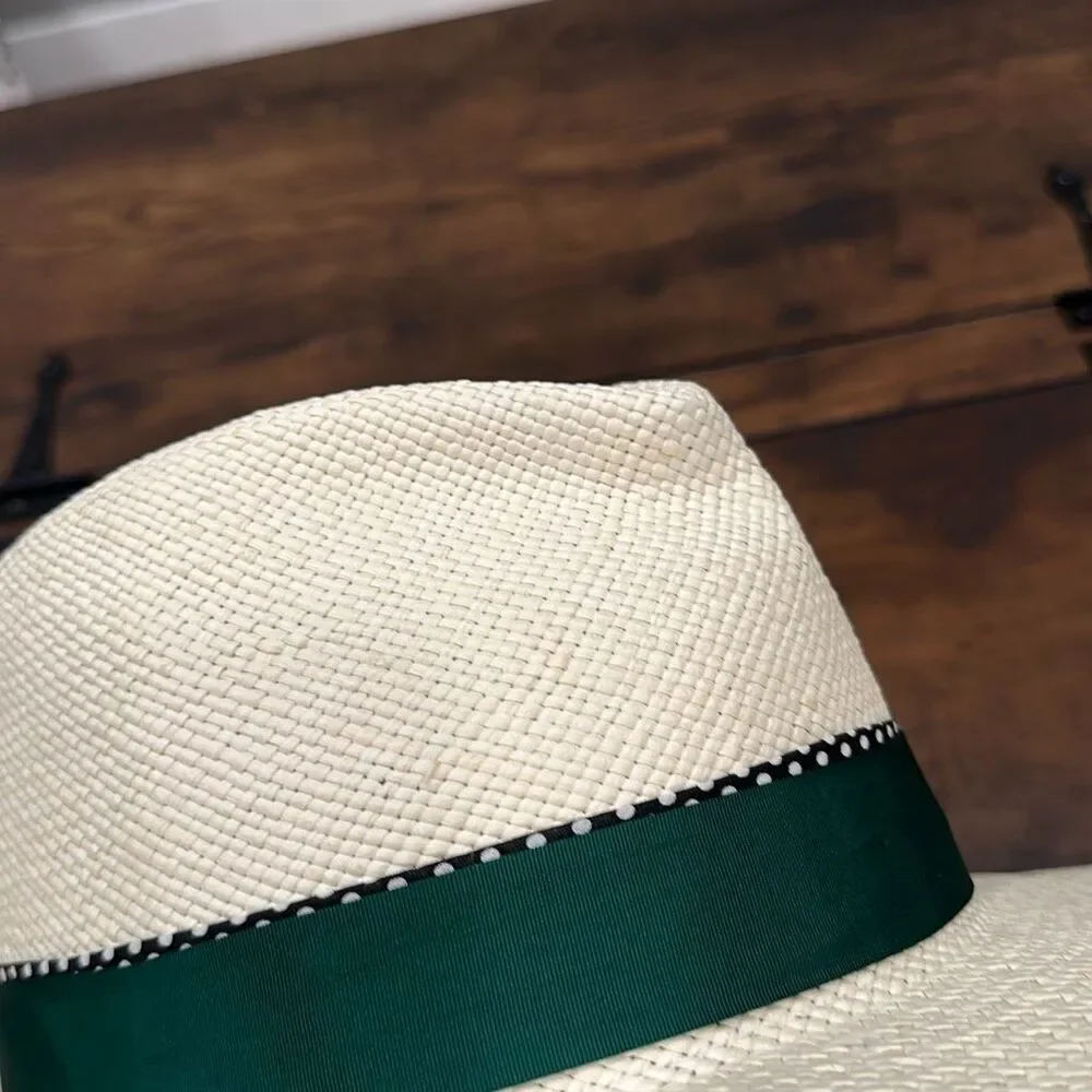 NWT B Couture Women's Wide Brim Feather Band Diane Panama Hat White Green 56cm/M